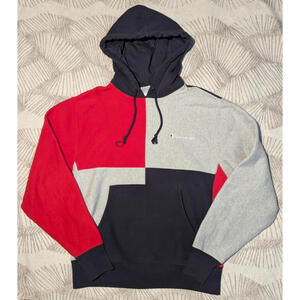 Vtg CHAMPION Reverse Weave Color Block Hoodie Medium Spell Out Logo SWEATSHIRT